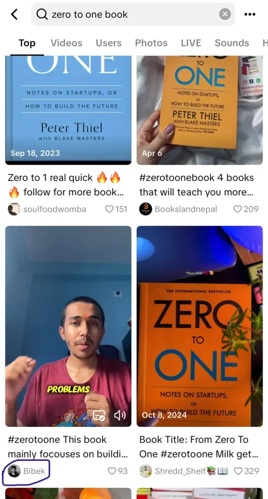 TikTok search results page for “zero to one book,” displaying multiple videos including Bibek’s book review.