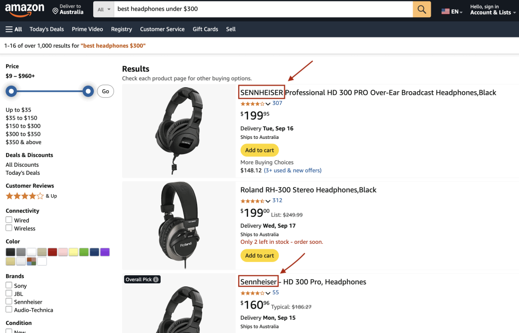 Amazon recommending Sennheiser headphones when typed "Best headphones under 300 used"