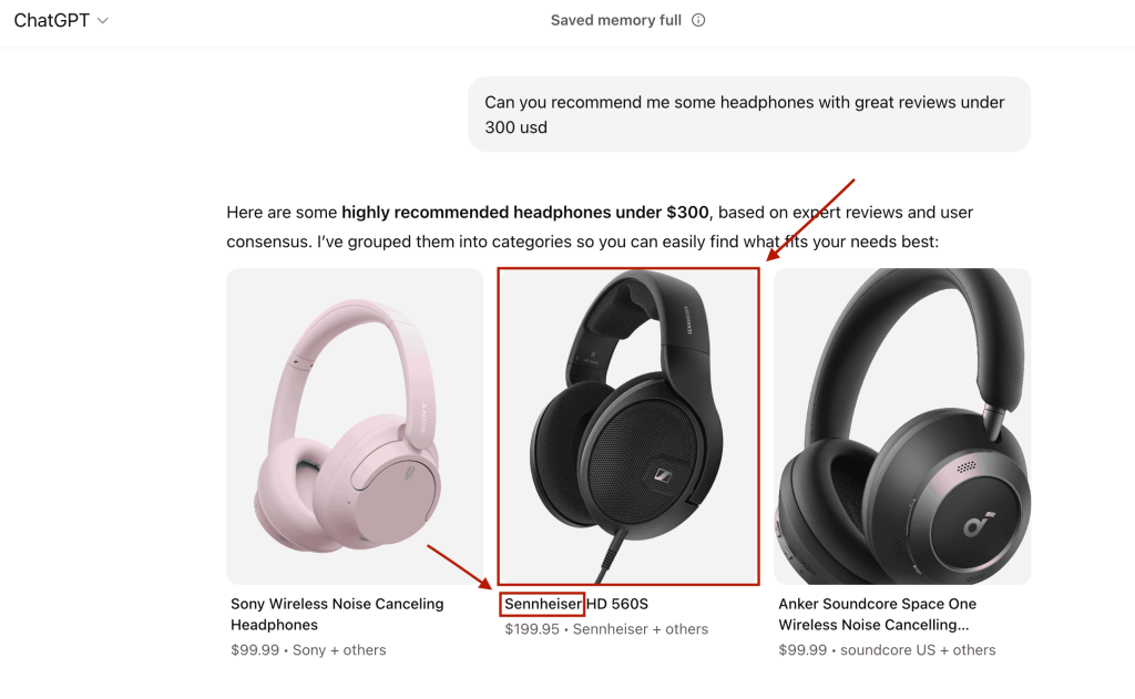 chat gpt recommending Sennheiser headphones when typed "Best headphones under 300 used"