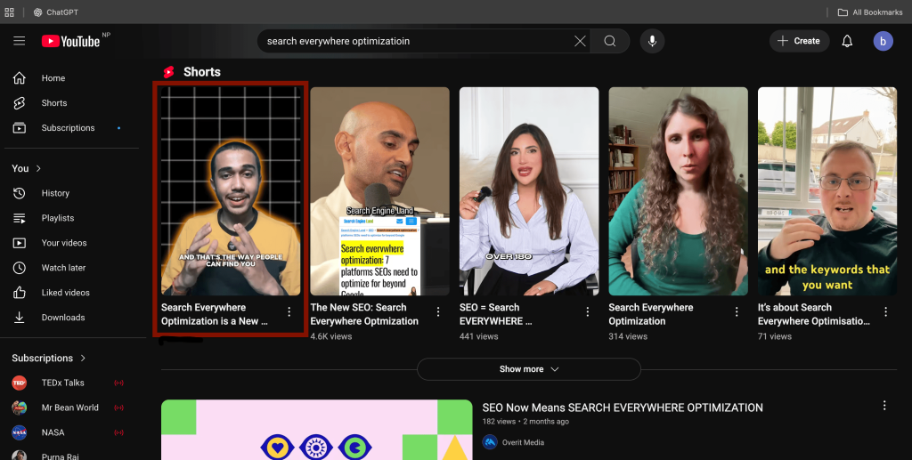 youtube search for keyphrase "search everywhere optimization"