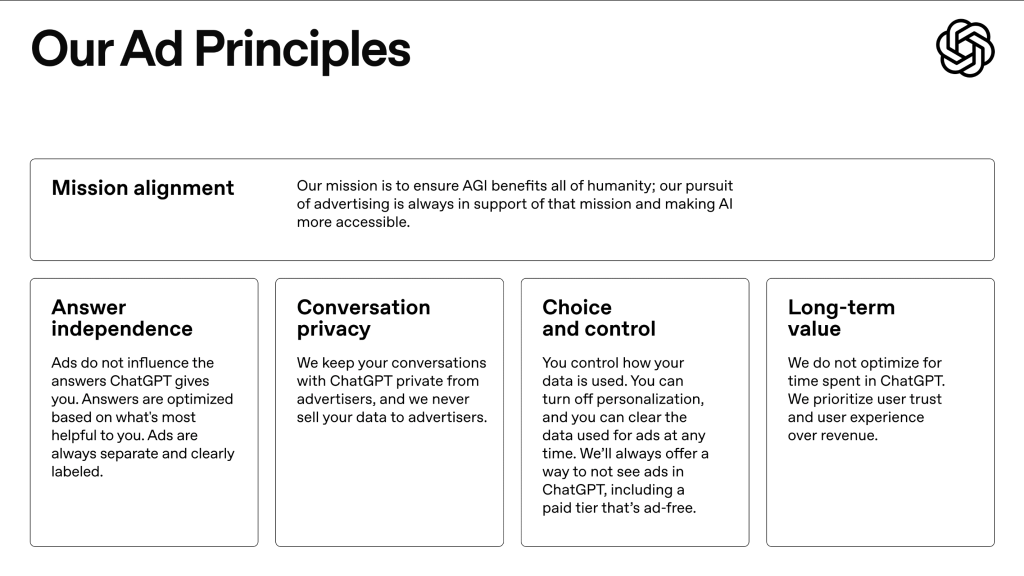 Here are the core principles of ChatGPT Ads