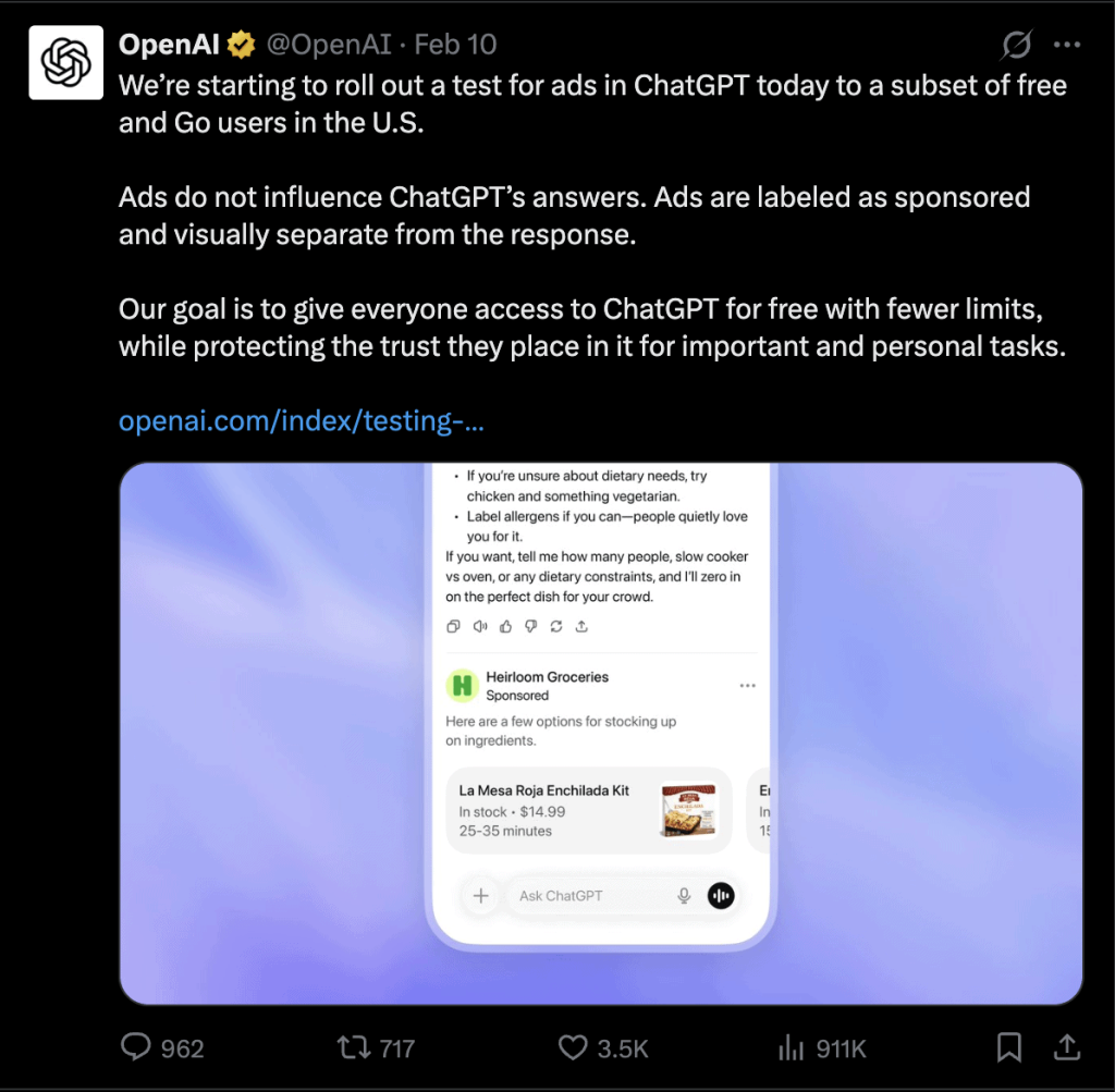 Open AI officially announced that they have start testing ads on ChatGPT inside US users for Free and Go tires.