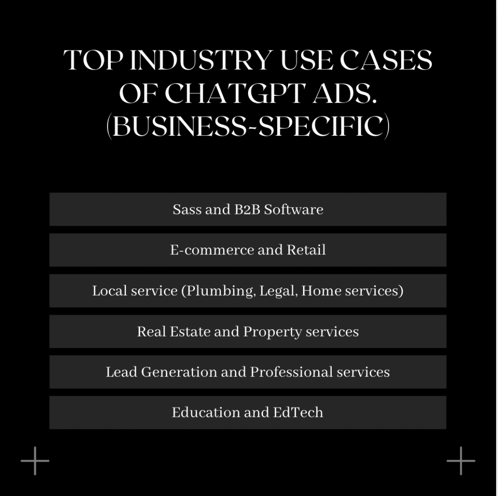 Here are top industry use cases of ChatGPT Ads: Saas and B2B software, E-commerce and Retail, Local service (plumbing, legal, Home services), Real Estate and Property services, and Education and Tech. 